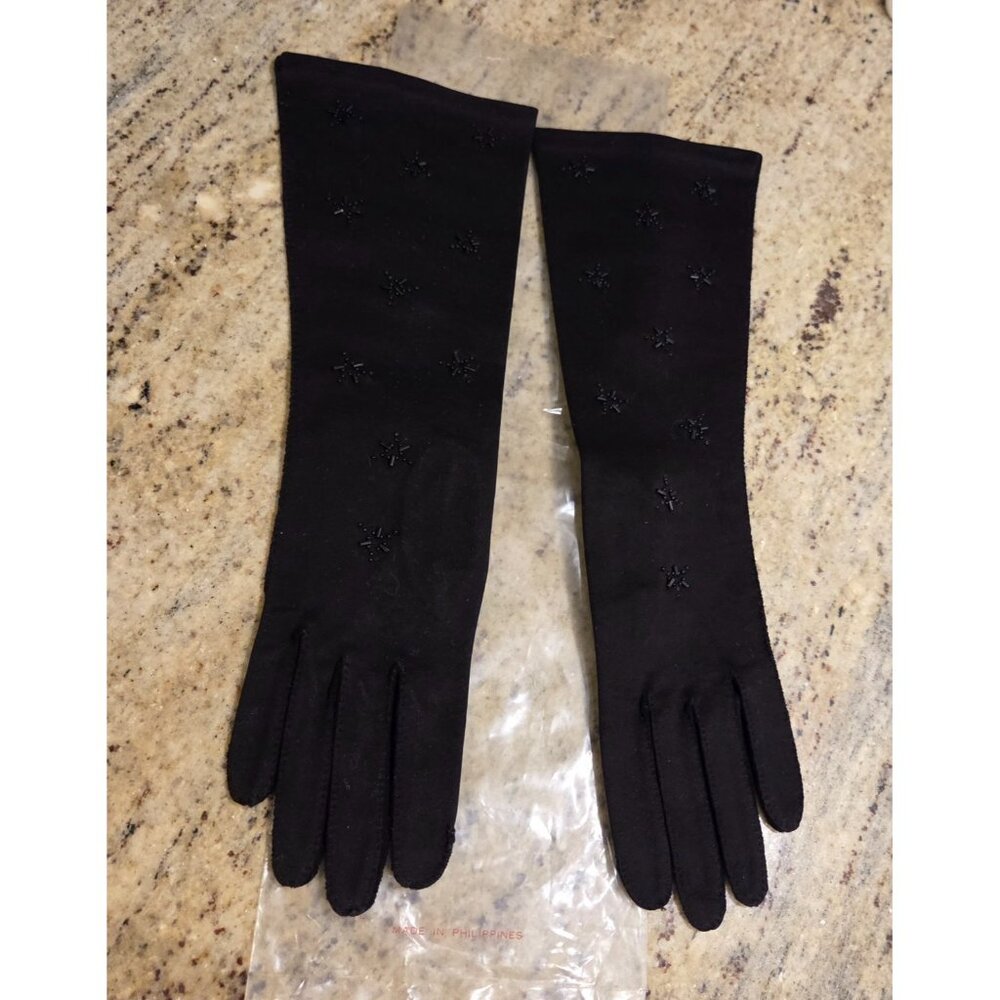 Vintage Womens Size M/L 7 Black Cotton Formal 14" Long Gloves Beaded Starbust